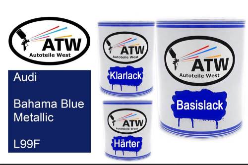 Audi, Bahama Blue Metallic, L99F: 1L Lackdose + 1L Klarlack + 500ml Härter - Set, von ATW Autoteile West.